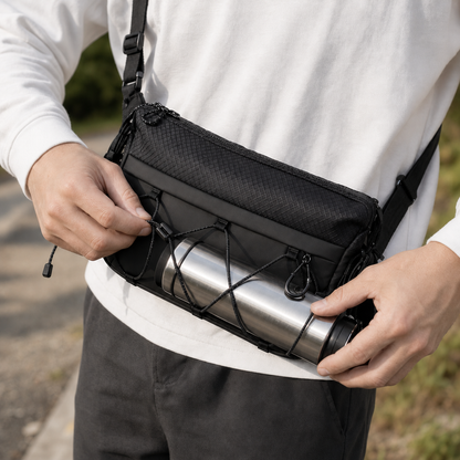 Bungee cargo lacing holding a full-size water bottle