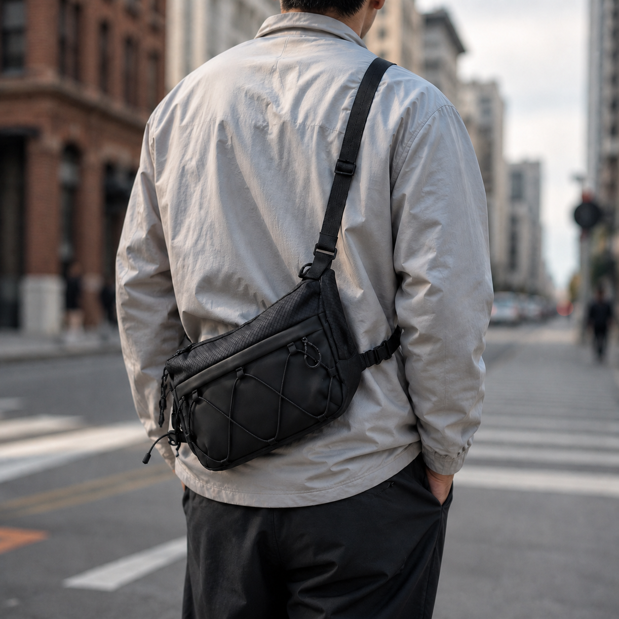 Worn crossbody on a city street