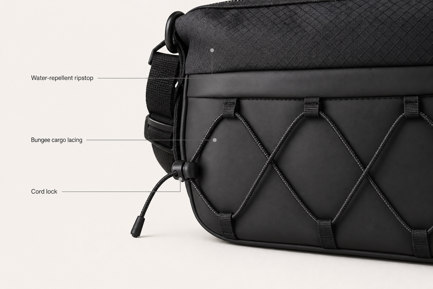 Detail — bungee cargo lacing, cord lock, water-repellent ripstop