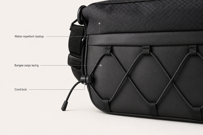 Detail — bungee cargo lacing, cord lock, water-repellent ripstop