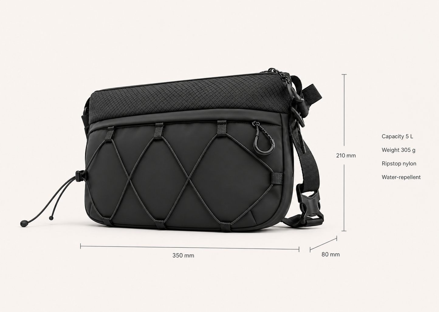 Dimensions and specs — 35 x 21 x 8 cm, 5 L, 305 g