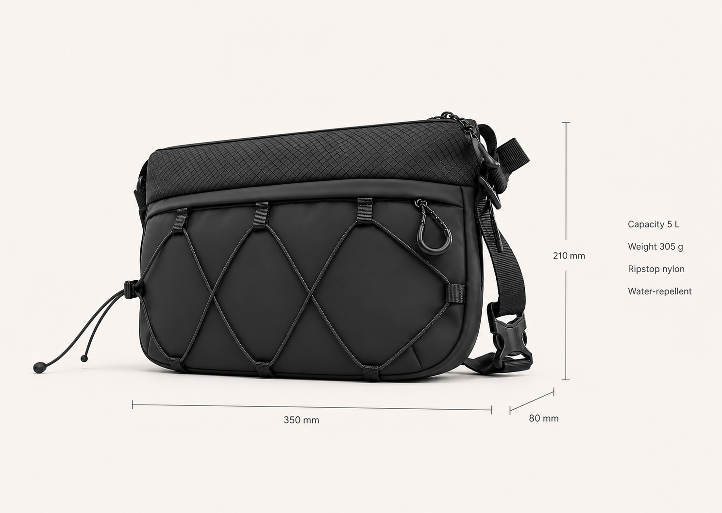 Dimensions and specs — 35 x 21 x 8 cm, 5 L, 305 g